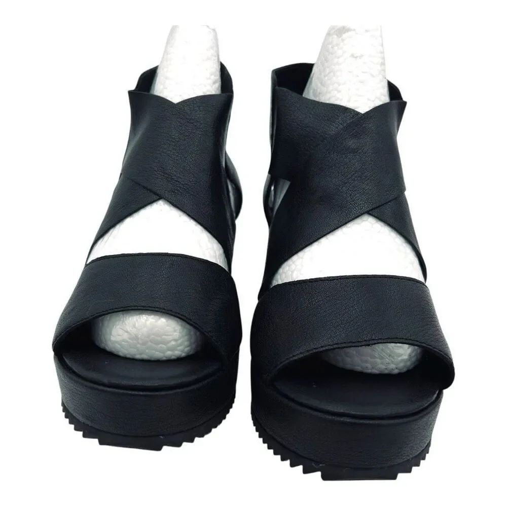 Eileen Fisher Women's Whimsy Leather Wedge Heel Platform Sandals Black Size 6